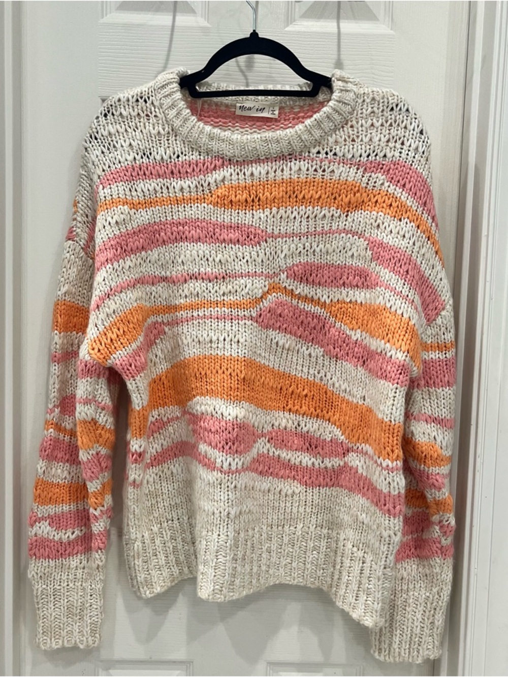 Women’s Crewneck Stripe Knit Sweater - Cream with Pink & Orange